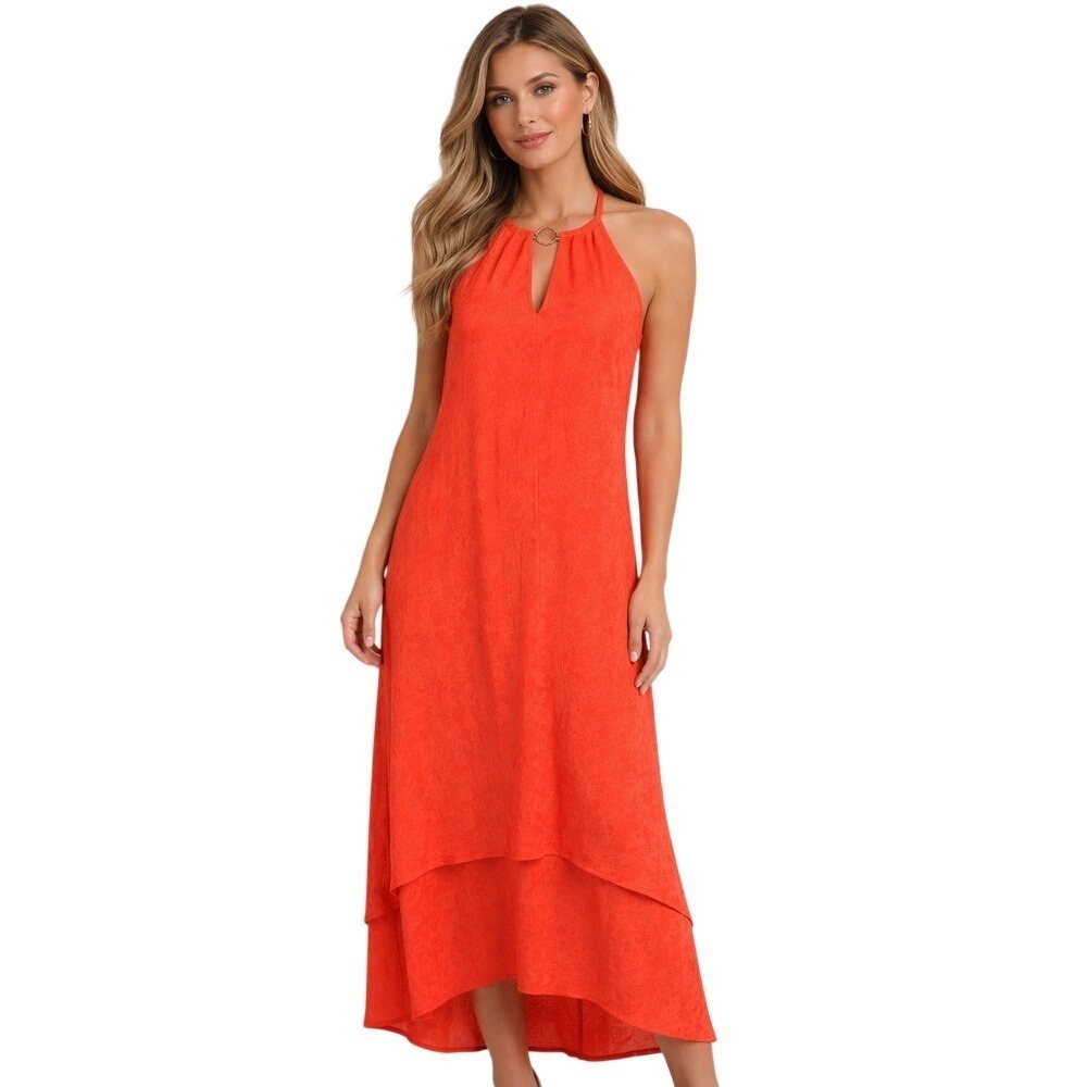 Mlle Brielle Orange Halter Maxi Dress Gold Ring Detail Tiered Hem L Boho Beachy